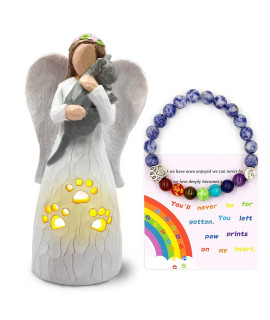 Borlesta Cat Memorial Gifts,Led Candle Holder Pet Loss Sympathy Gifts For Cat Lovers, Cat Angel Figurines Cat Remembrance Gifts With 7 Chakra Rainbow Bridge Bracelet