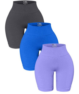 Oqq 3 Pack High Waisted Yoga Shorts For Women Ribbed Seamless Tummy Control Workout Athletic Shorts Grey Blue Purple