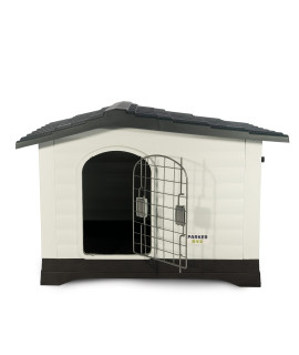 Dog House with Steel Door - All Weather Indoor Outdoor Pet Kennel for Small to Medium Dogs,- No Tools Assembly, Side Porch, Front Entry, Ventilation, Drain Holes, Waterproof (L 32" x W 27" x H 26")