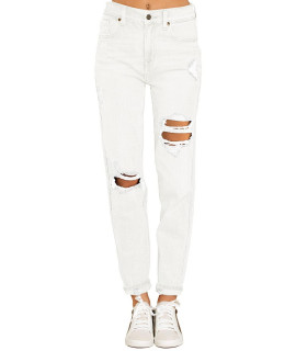 Luvamia Womens Casual Ripped Jeans High Waisted Boyfriend Jeans Tapered Mom Jeans Denim Pants Brilliant White Size Small