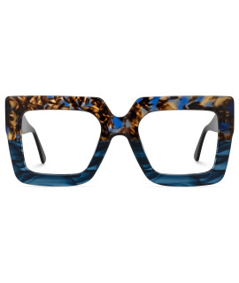 Zeelool Stylish Thick Oversized Square Eyeglasses For Women With Non-Prescription Clear Lens Brandon Vfp0306-18 Blue-Tortoise