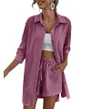 Zeagoo Womens Plus Size Casual 2 Piece Outfits Long Sleeve Button Down Blouse And Shorts Set Dark Purple Large