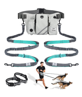 Shine Hai Retractable Hands Free Dog Leash With Dual Bungees For 2 Dogs, Adjustable Waist Belt, Reflective Stitching Leash For Running Walking Hiking Jogging Biking Black - Gray