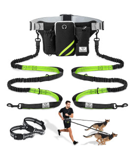 Shine Hai Retractable Hands Free Dog Leash With Dual Bungees For 2 Dogs, Adjustable Waist Belt, Reflective Stitching Leash For Running Walking Hiking Jogging Biking Black - Green