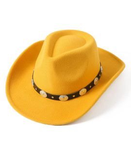 Lanzom Women Men Felt Wide Brim Western Cowboy Hats Belt Buckle Panama Hat (Yellow, Medium)