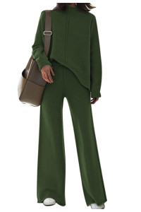 Women Knit Tracksuit High Neck Sweater Jumper Matching Wide Leg Long Pant Casual Pajamas Set Dark Green Xl