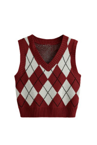 Sweatyrocks Womens Plaid Geo Sleeveless V Neck Knit Crop Top Sweater Vest White Burgundy Xs