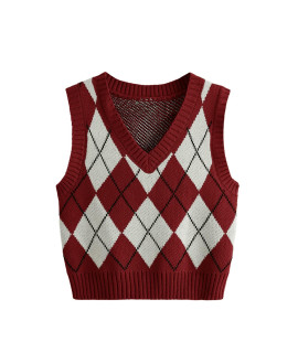Sweatyrocks Womens Plaid Geo Sleeveless V Neck Knit Crop Top Sweater Vest White Burgundy Xs