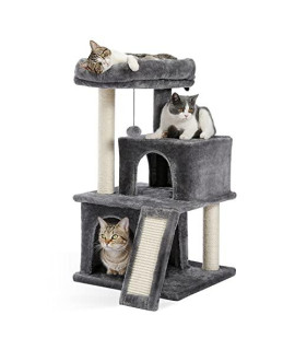 Lamerge Multi-Level Cat Tree, 33.8 Inch Cat Tower with Double Condos, Spacious Perch, Fully Wrapped Scratching Sisal Posts and Replaceable Dangling Balls, Grey (Cat Tree002)