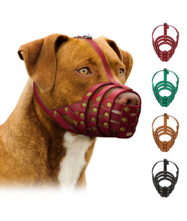 Pitbull Dog Muzzle Leather Amstaff Staffordshire Terrier Breathable Basket With Adjustable Straps Black Brown Green Red (Red)