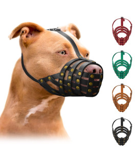 Pitbull Dog Muzzle Leather Amstaff Staffordshire Terrier Breathable Basket With Adjustable Straps Black Brown Green Red (Black)
