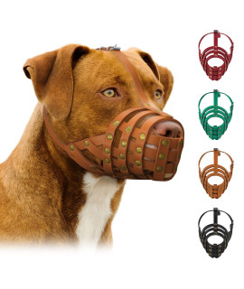 Pitbull Dog Muzzle Leather Amstaff Staffordshire Terrier Breathable Basket With Adjustable Straps Black Brown Green Red (Brown)