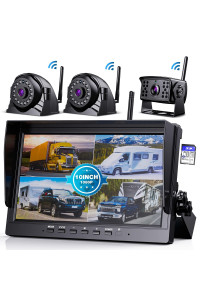 Erapta Hd 1080P 10 Wireless Backup Camera System 10-Inch For Rv Truck Trailer Van Quad Split Monitor With Recording, Ip69 Waterproof Rear View Side View Cameras, Digital Signal Parking Lines Aw103