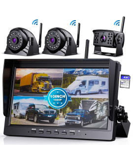 Erapta Hd 1080P 10 Wireless Backup Camera System 10-Inch For Rv Truck Trailer Van Quad Split Monitor With Recording, Ip69 Waterproof Rear View Side View Cameras, Digital Signal Parking Lines Aw103