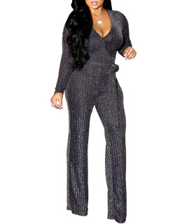 Fairbeauty Womens Sexy Sparkly Jumpsuits Clubwear One Piece Deep V Neck Long Sleeve Pants With Belt