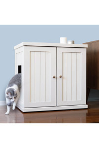 THE REFINED FELINE Cat Litter Box Enclosure Cabinet, Cottage, White, Adjustable Levelers, XLarge, Hidden Litter Cat Furniture with Drawer