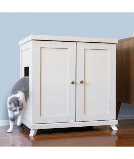 THE REFINED FELINE Cat Litter Box Enclosure Cabinet, Modern, White, Mid-Century Feet, XLarge, Hidden Litter Cat Furniture with Drawer