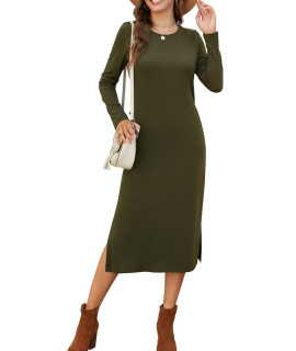 Naggoo Women Long Sleeve Fall Dress Slit Pocket Slim Tshirt Casual Maxi Dress Army Green