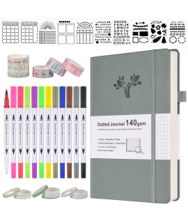Offigift Bullet Dotted Journal Kit, 140Gsm Hardcover A5 Dotted Journal With 188 Numbered Pages And 3 Index, 12 Brush Pens Dual Tip, 10 Stencils And 14 Washi Tape For Women Men Teen Girls, Gray