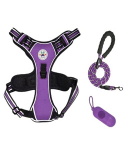 Dog Harness for Large Dogs No Pull Dog Harness with Free 5ft Dog Leash and Poop Bag Dispenser, Reflective Soft Padded Adjustable Oxford Vest with 2 Leash Clips Puppy Harness (Extra Large, Purple)