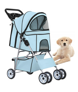 BestPet Pet Stroller Cat Dog Cage Stroller Travel Folding Carrier,Light Blue
