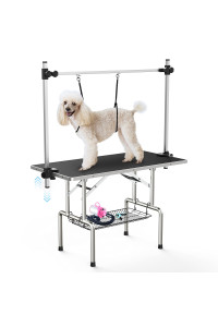 Lyromix 46Large Dog Grooming Table, Adjustable Cat Drying Desktop With Arms, Nooses, Mesh Tray, Foldable Pet Station At Home, Maximum Capacity Up To 330Lb, 42Inch, Black