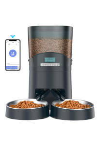Honeyguaridan Automatic Cat Feeders 2 Cats 65L, 24G Wifi Smart Pet Feeder With App Control For Cats And Dogs Dry Food Dispenser With 2 Stainless Steel Bowl, Desiccant Bag, 10S Voice Recorder