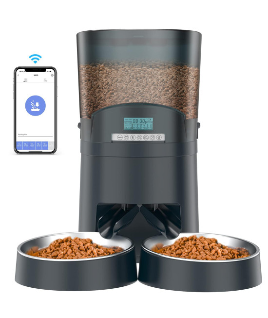 Honeyguaridan Automatic Cat Feeders 2 Cats 65L, 24G Wifi Smart Pet Feeder With App Control For Cats And Dogs Dry Food Dispenser With 2 Stainless Steel Bowl, Desiccant Bag, 10S Voice Recorder