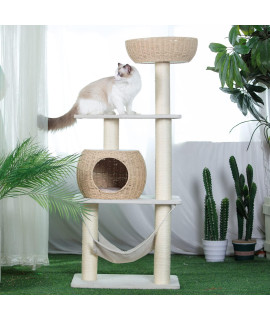 Pawlabay Wood Cat Tree for Indoor Cats,Tall Cat Tree Tower with Cat Scratching Post and Cat Hammock,Wood Cat Tower for Indoor Cats,52.4 Inch Tall
