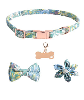 Girl Dog Collars For Puppies Small Medium Large Dogs, Cute Green Dog Collar For Female Dogs With Adjustable Flower And Bow Tie With Dog Tag & Strong Metal Buckle, Fit Necks(L)
