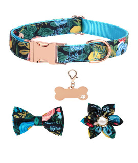 Girl Dog Collars For Puppies Small Medium Large Dogs, Cute Blue Dog Collar For Female Dogs With Adjustable Flower And Bow Tie With Dog Tag & Strong Metal Buckle, Fit Necks(M)