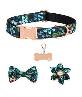 Girl Dog Collars For Puppies Small Medium Large Dogs, Cute Blue Dog Collar For Female Dogs With Adjustable Flower And Bow Tie With Dog Tag & Strong Metal Buckle, Fit Necks (S)