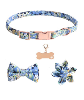 Girl Dog Collars For Puppies Small Medium Large Dogs, Cute Blue Dog Collar For Female Dogs With Adjustable Flower And Bow Tie With Dog Tag & Strong Metal Buckle, Fit Necks(L)