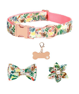 Girl Dog Collars For Puppies Small Medium Large Dogs, Cute Pink Dog Collar For Female Dogs With Adjustable Flower And Bow Tie With Dog Tag & Strong Metal Buckle, Fit Necks(M)