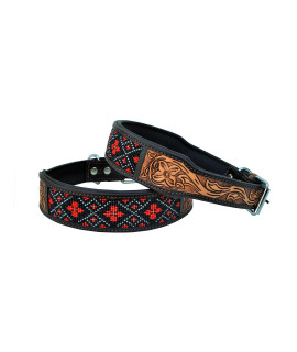 Leather Dog Collar Western Style Heavy Duty Hand Tooled Adjustable Beaded and Padded Soft for Puppies and Big Dogs 10AB005