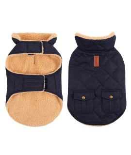 Queenmore Cold Weather Dog Coat, Winter Quilting Dog Jacket Ultra Warm Thick Plush Lining With Storage Pockets (Dark Navy, Medium)