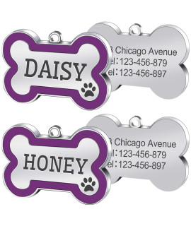 Jatebi Pet Id Tags,Personalized Dog Tags And Cat Tags,Engraved Both Sides Bone Shape Collar Pendant Custom Pet Supplies Engrave Name Number Gift For Cats Puppies Tags( Large 2 Pack Purple)
