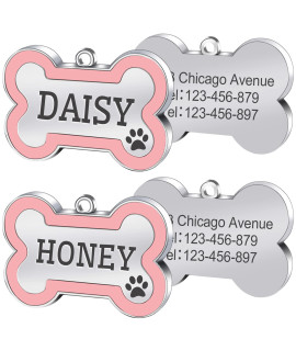 Jatebi Pet Id Tags,Personalized Dog Tags And Cat Tags,Engraved Both Sides Bone Shape Collar Pendant Custom Pet Supplies Engrave Name Number Gift For Cats Puppies Tags( Large 2 Pack Pink)