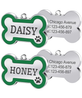 Jatebi Pet Id Tags,Personalized Dog Tags And Cat Tags,Engraved Both Sides Bone Shape Collar Pendant Custom Pet Supplies Engrave Name Number Gift For Cats Puppies Tags( Large 2 Pack Green)