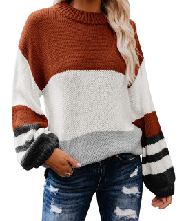 Merokeety Womens Crew Neck Long Sleeve Color Block Knit Sweater Casual Pullover Jumper Tops,K-Brown,Xxl