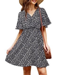 Simplefun Womenas Summer Dress Short Sleeve Wrap V Neck Floral Print High Waist A Line Mini Short Dress