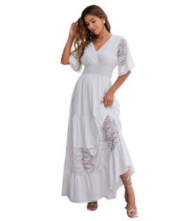 Simplee Womens Lace Short Sleeve Wrap Maxi Dress V Neck Floral Formal Dress(L White)
