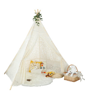 Sumbababy Teepee Tent For Kids With Carry Case, Natural Canvas Teepee Play Tent, Toys For Girlsboys Indoor Outdoor Playing (Teepee With Lace Design)