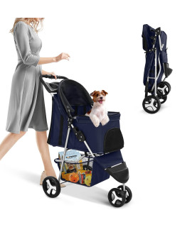 Pet Stroller,Dog Stroller,3 Wheel Pet Stroller for Dogs and Cats,Foldable Carrier Strolling Cart,Cat Dog Stroller with Storage Basket and Cup Holder(Blue)