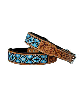 Leather Dog Collar Western Style Heavy Duty Hand Tooled Adjustable Beaded and Padded Soft for Puppies and Big Dogs 10AB020