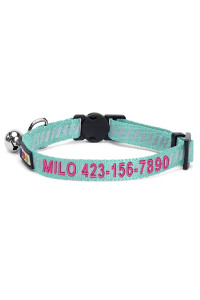 Pawtitas Personalized Cat Collar With Breakaway Safety Release Buckle Adjustable Length Cat Collar With Custom Embroidered For Your Pets Name And Phone Number Teal Cat Collar With Removable Bell
