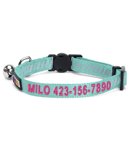 Pawtitas Personalized Cat Collar With Breakaway Safety Release Buckle Adjustable Length Cat Collar With Custom Embroidered For Your Pets Name And Phone Number Teal Cat Collar With Removable Bell