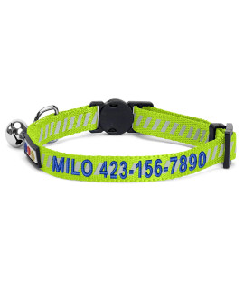 Pawtitas Personalized Cat Collar With Breakaway Safety Release Buckle Adjustable Length Cat Collar With Custom Embroidered For Your Pets Name And Phone Number Green Cat Collar With Removable Bell
