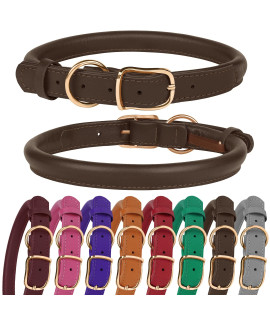 MUROM Rolled Leather Dog Collar Durable Round Rope Pet Collars for Small Medium Large Dogs Puppy Pink Purple Green Red Brown Gray (17-21 Neck Fit, Dark Brown)