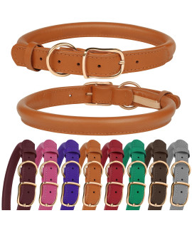 MUROM Rolled Leather Dog Collar Durable Round Rope Pet Collars for Small Medium Large Dogs Puppy Pink Purple Green Red Brown Gray (8-12 Neck Fit, Brown)
